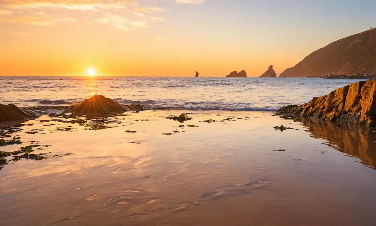 Costa rocosa al atardecer con olas