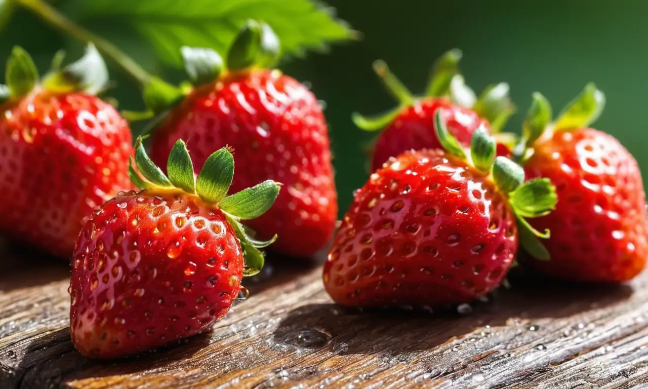 Fresas rojas brillantes sobre madera texturada