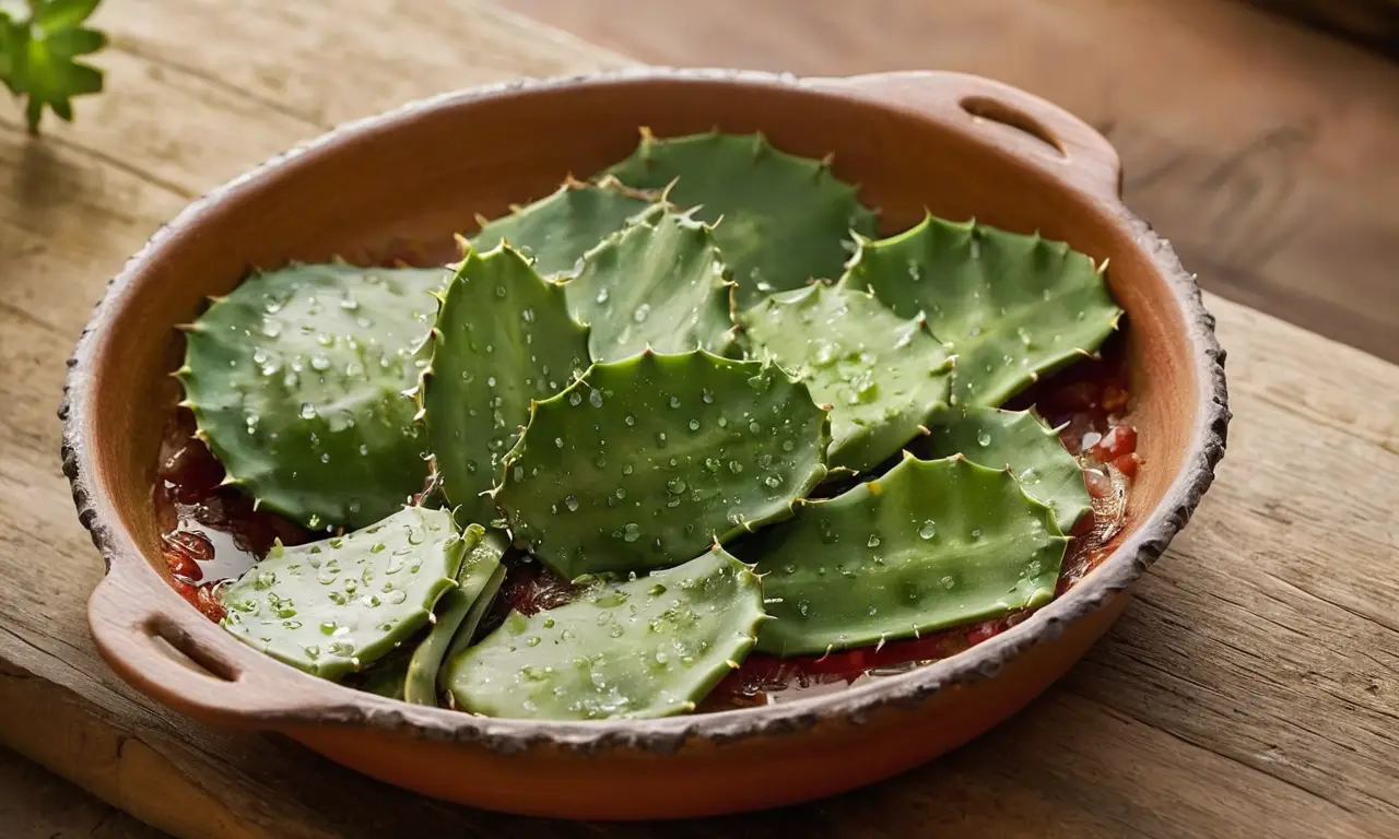 Nopales y salsa en mesa rústica
