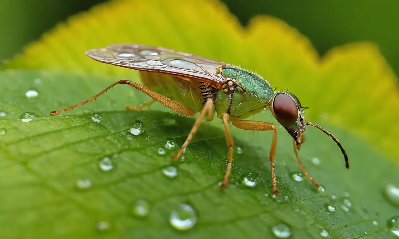 Insecto en hoja con rocío resaltando detalles