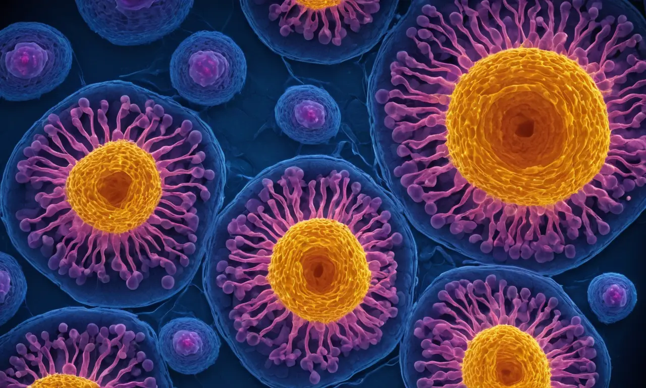 Células en meiosis, detalladas y coloridas