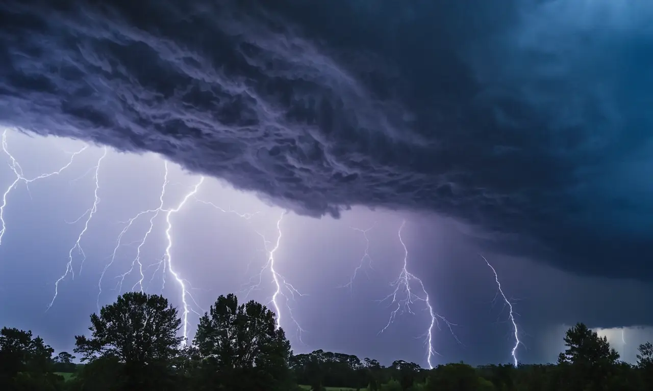 Cielo tormentoso con relámpagos y lluvia intensa