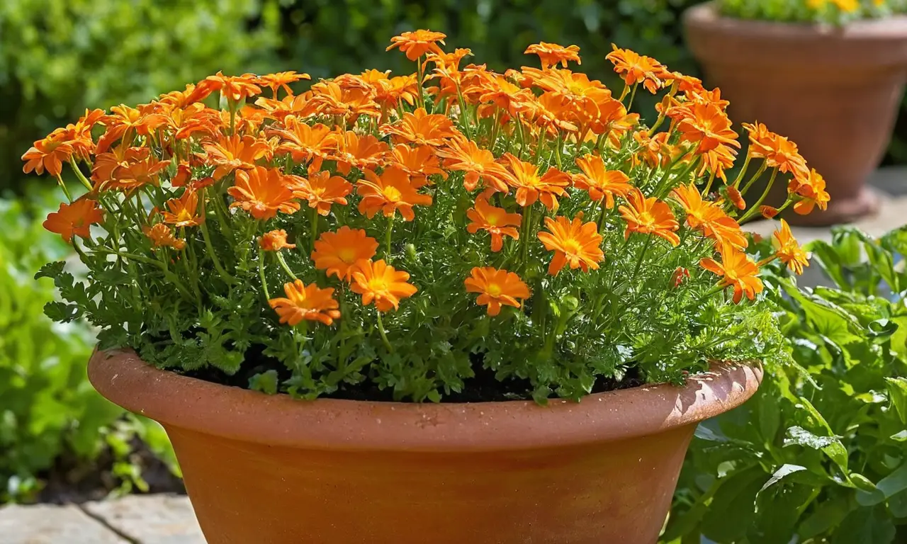 Maceta terracota con flores vibrantes y frescas