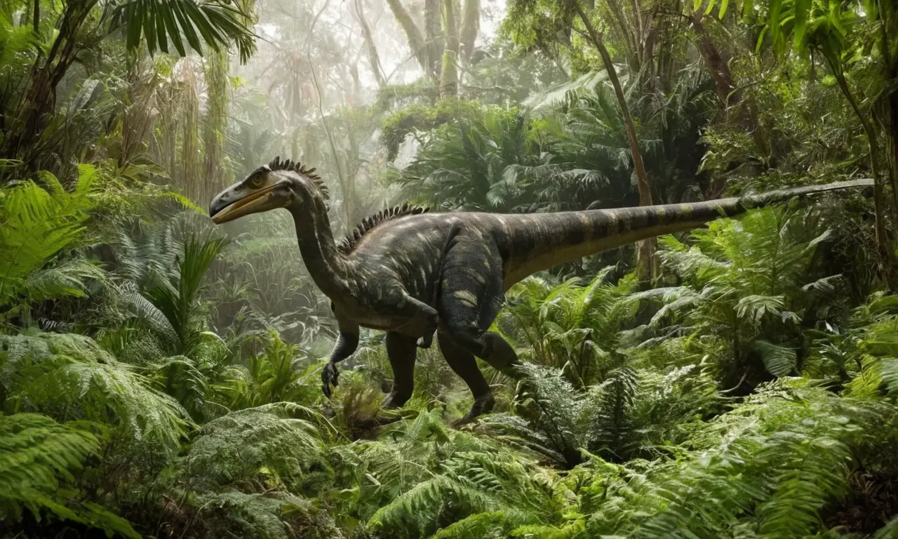 Selva prehistórica con Allosaurus y Quetzalcoatlus