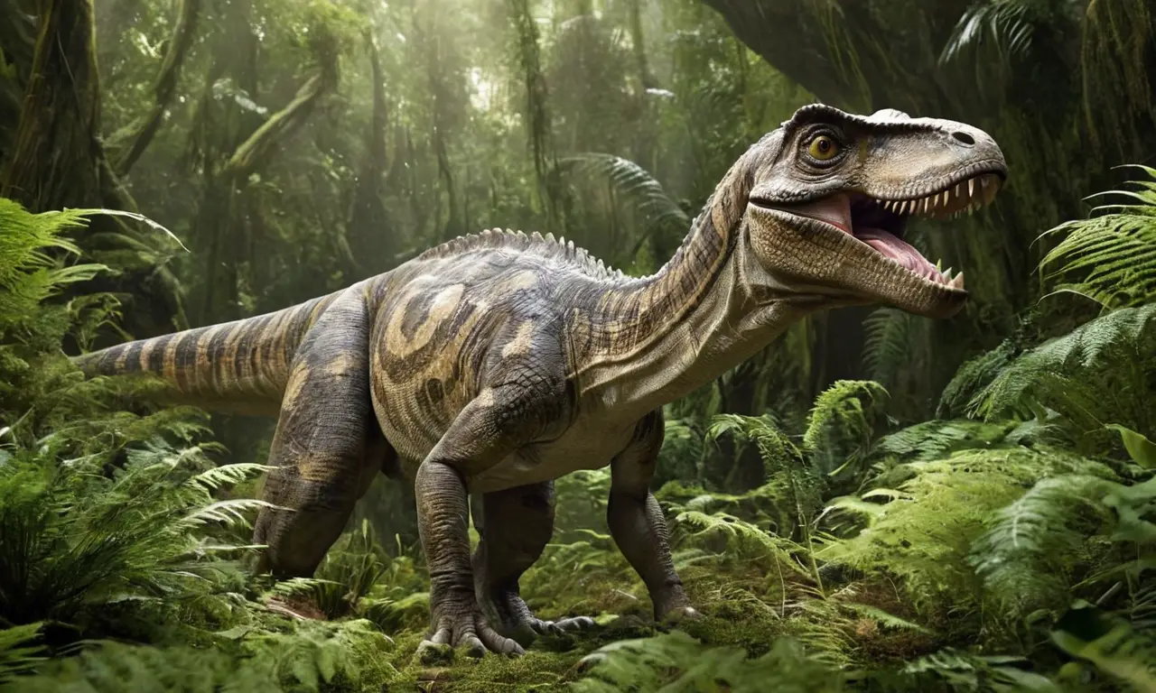 Tyrannosaurus en jungla prehistórica, detallado y realista