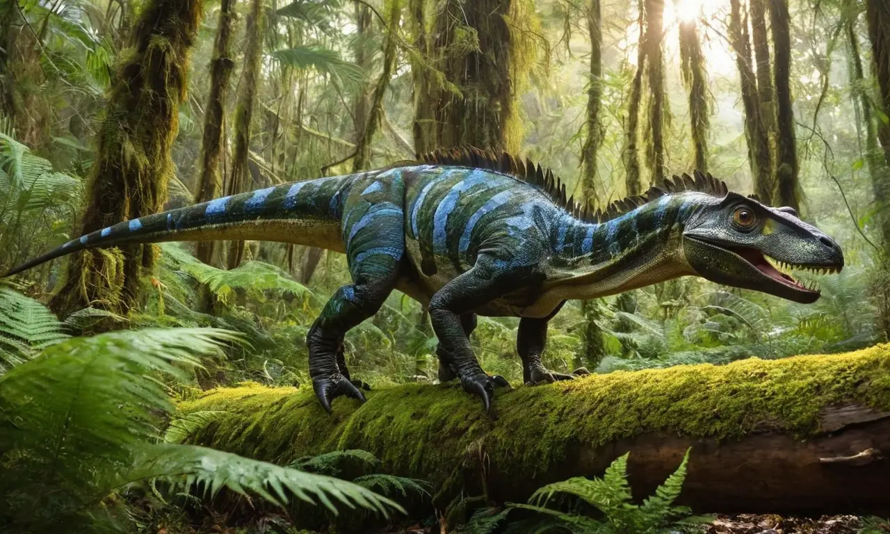 Selva prehistórica con dinosaurios y vegetación intensa