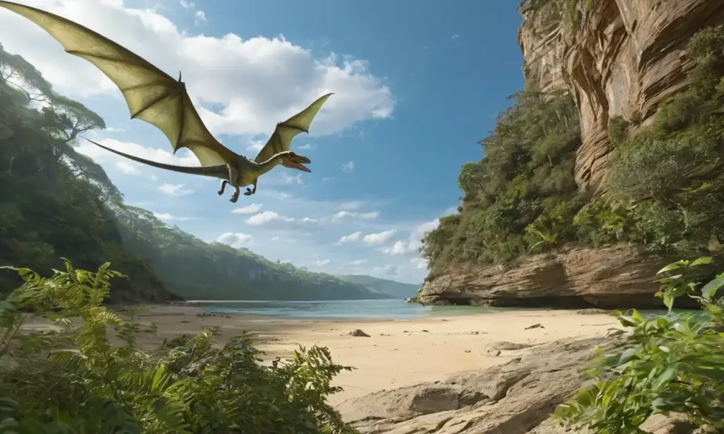 Cielo azul con Pterosaurio en paisaje vibrante