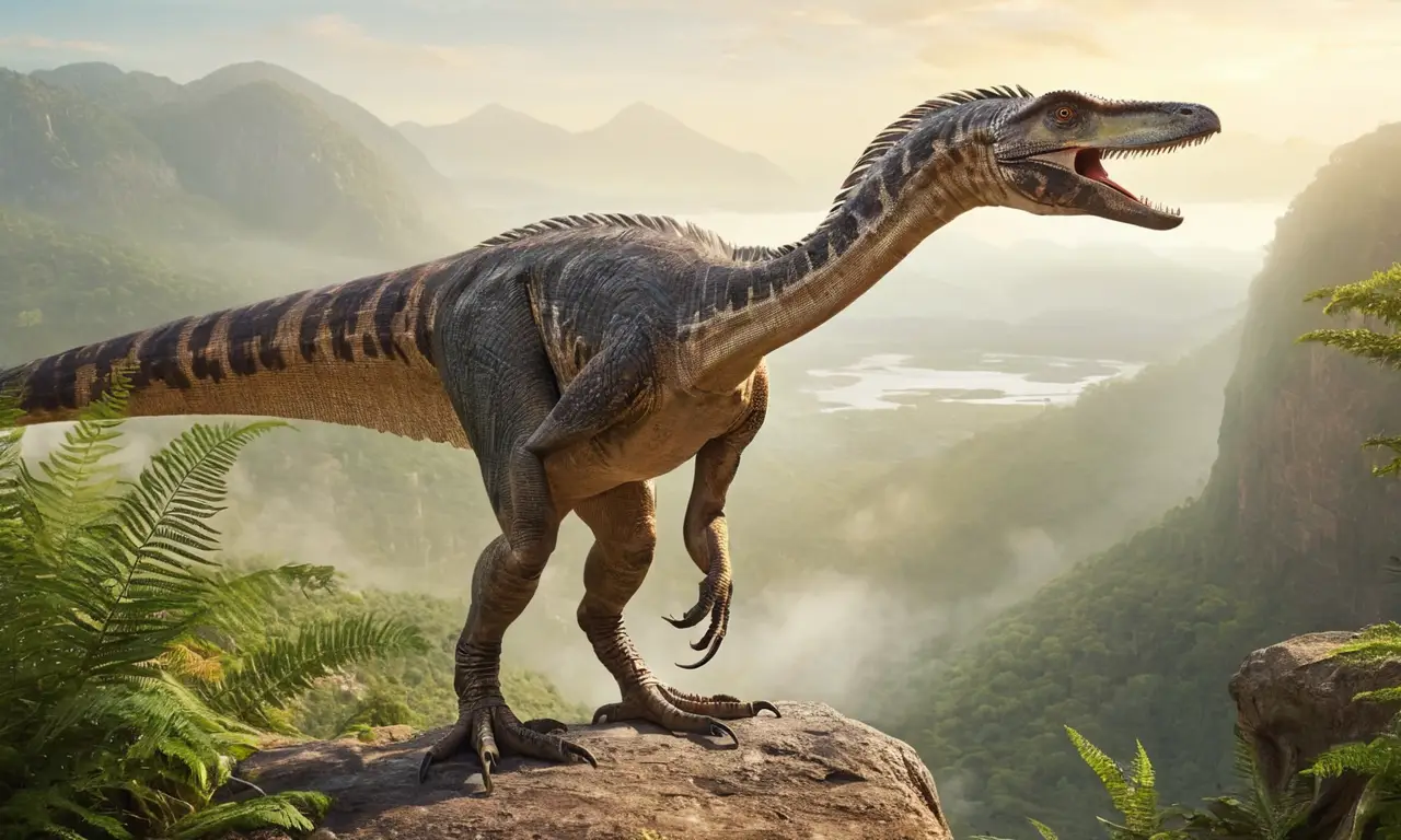 Imponente dinosaurio y pterosaurio en su hábitat