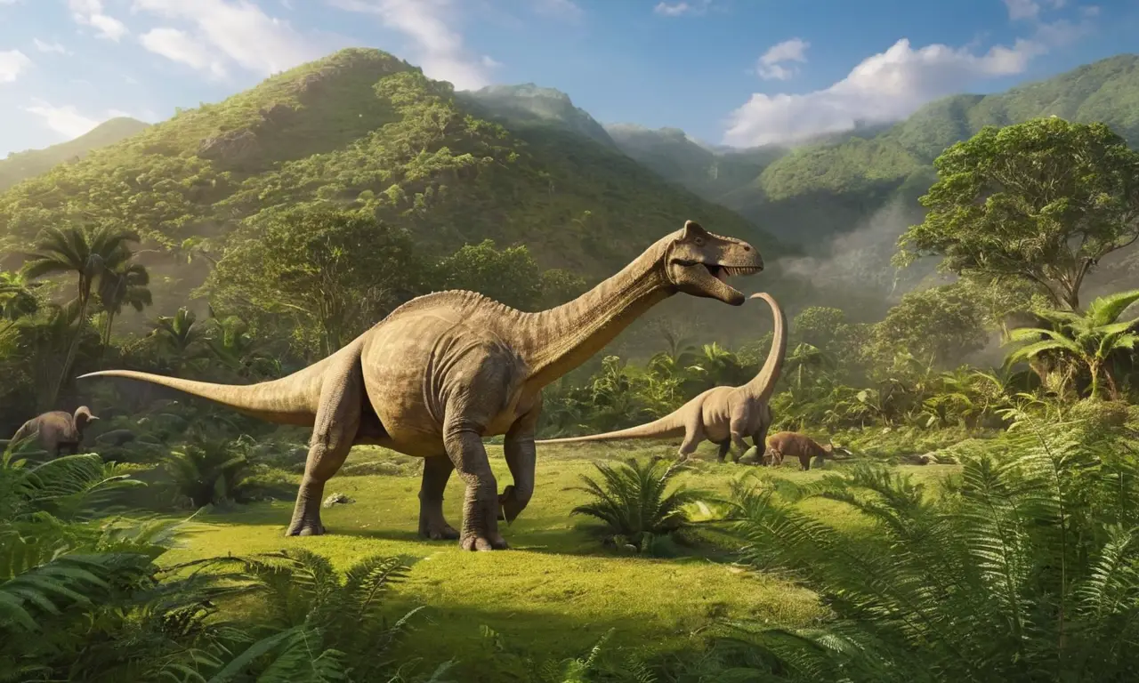 Paisaje prehistórico con dinosaurios y vegetación exuberante