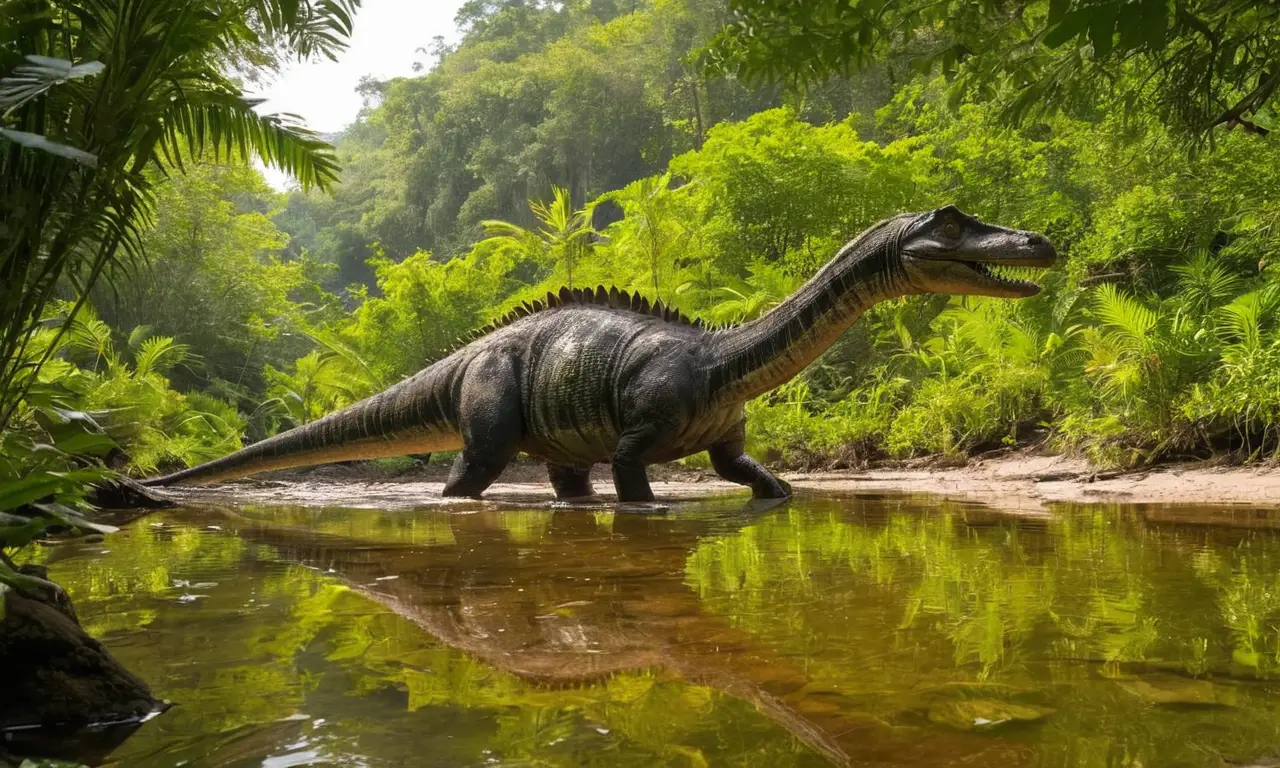 Un Spinosaurus reposa junto a un río