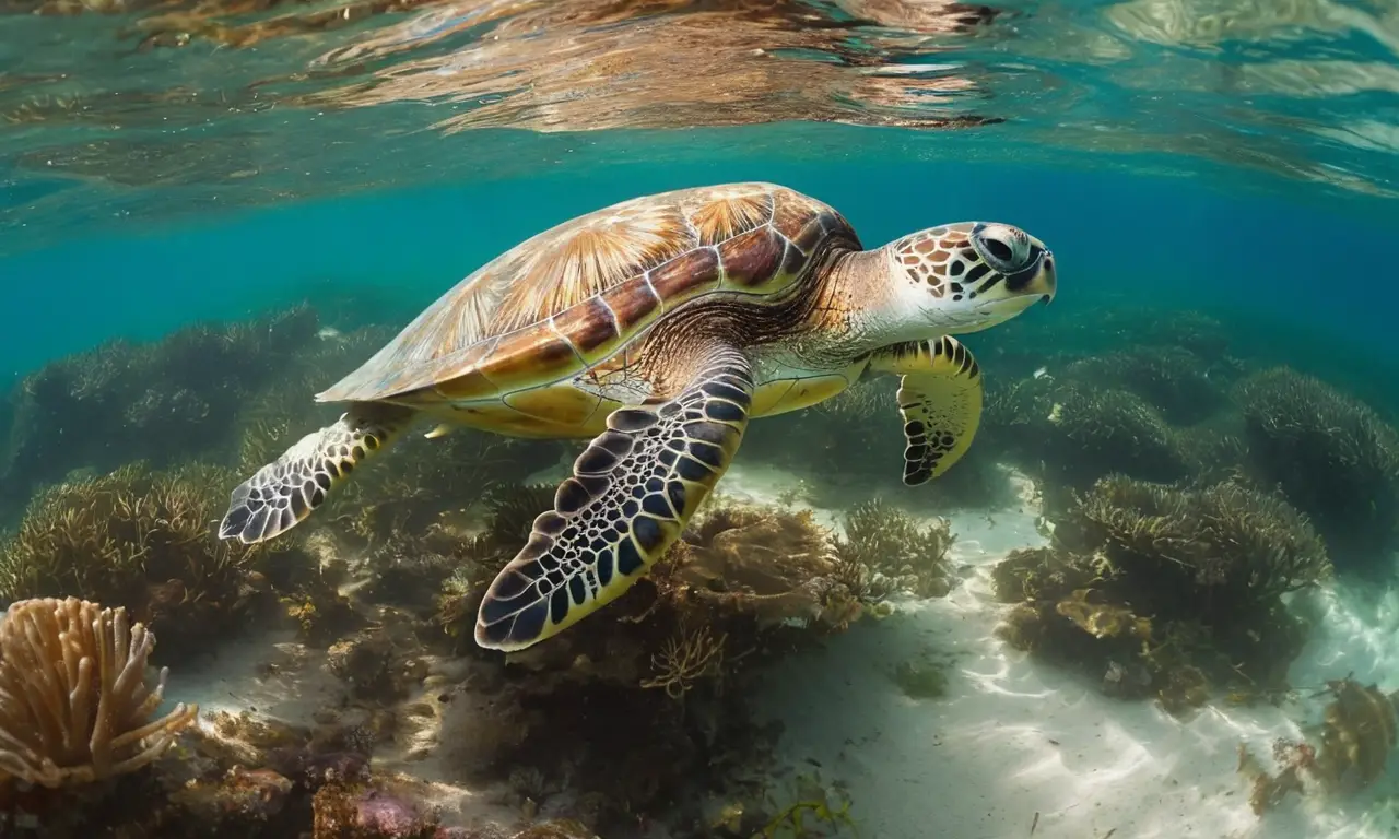 Tortuga marina nada en aguas turquesas