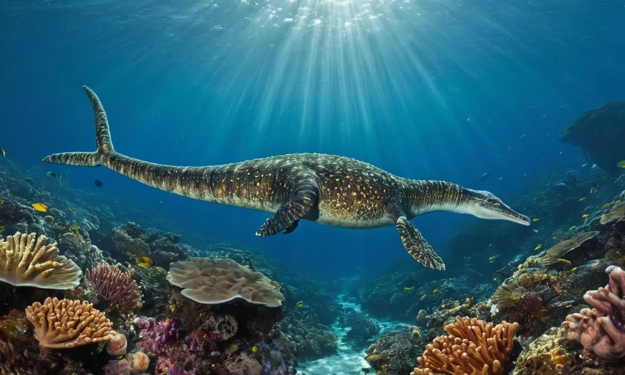 Un plesiosaur nada majestuosamente en las profundidades