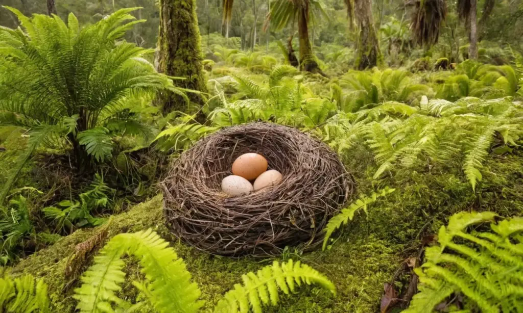 Dinosaurio cuida su nido en paisaje prehistórico