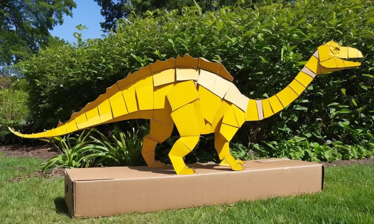 Escultura de dinosaurio colorido en cartón