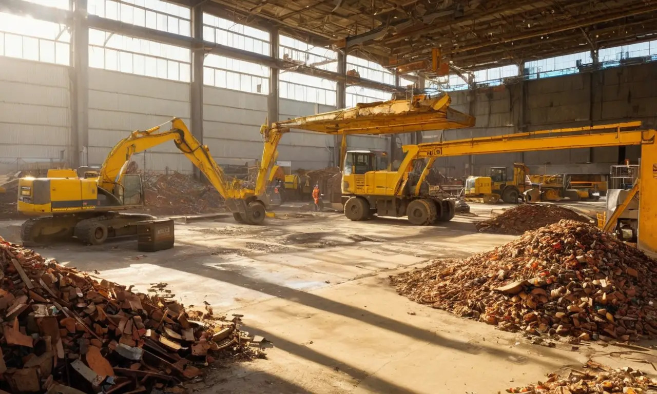 Instalación industrial de reciclaje con trabajadores activos