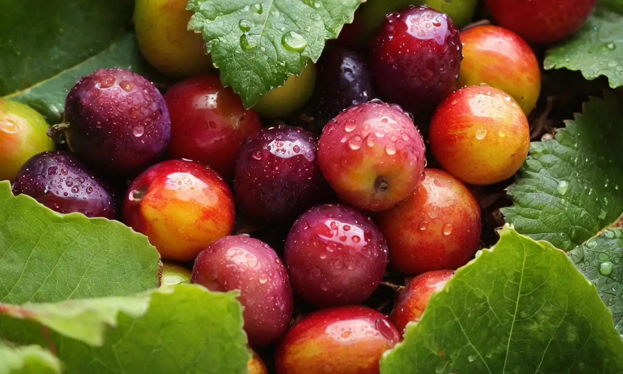 Frutas brillantes y maduras enmarcadas por naturaleza
