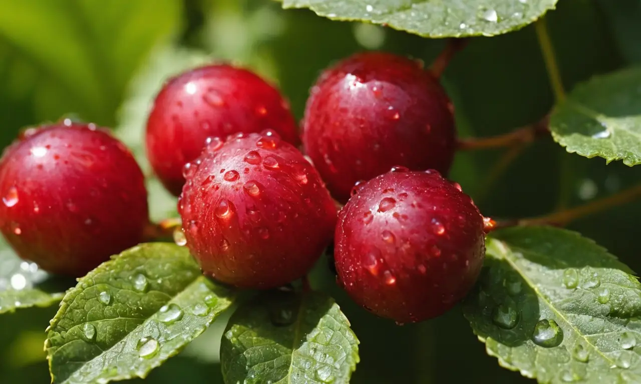Drupe maduras brillantes entre hojas verdes