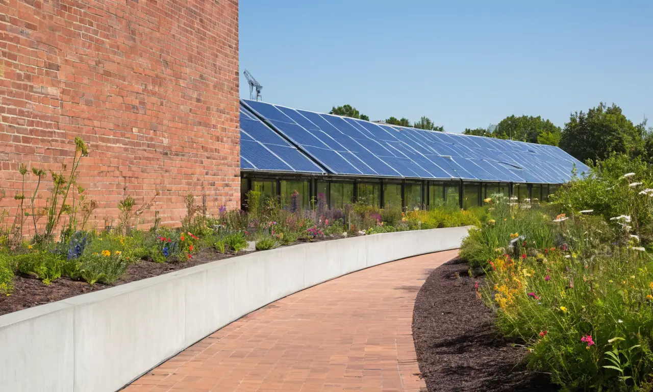 Instalación industrial moderna que integra naturaleza y tecnología
