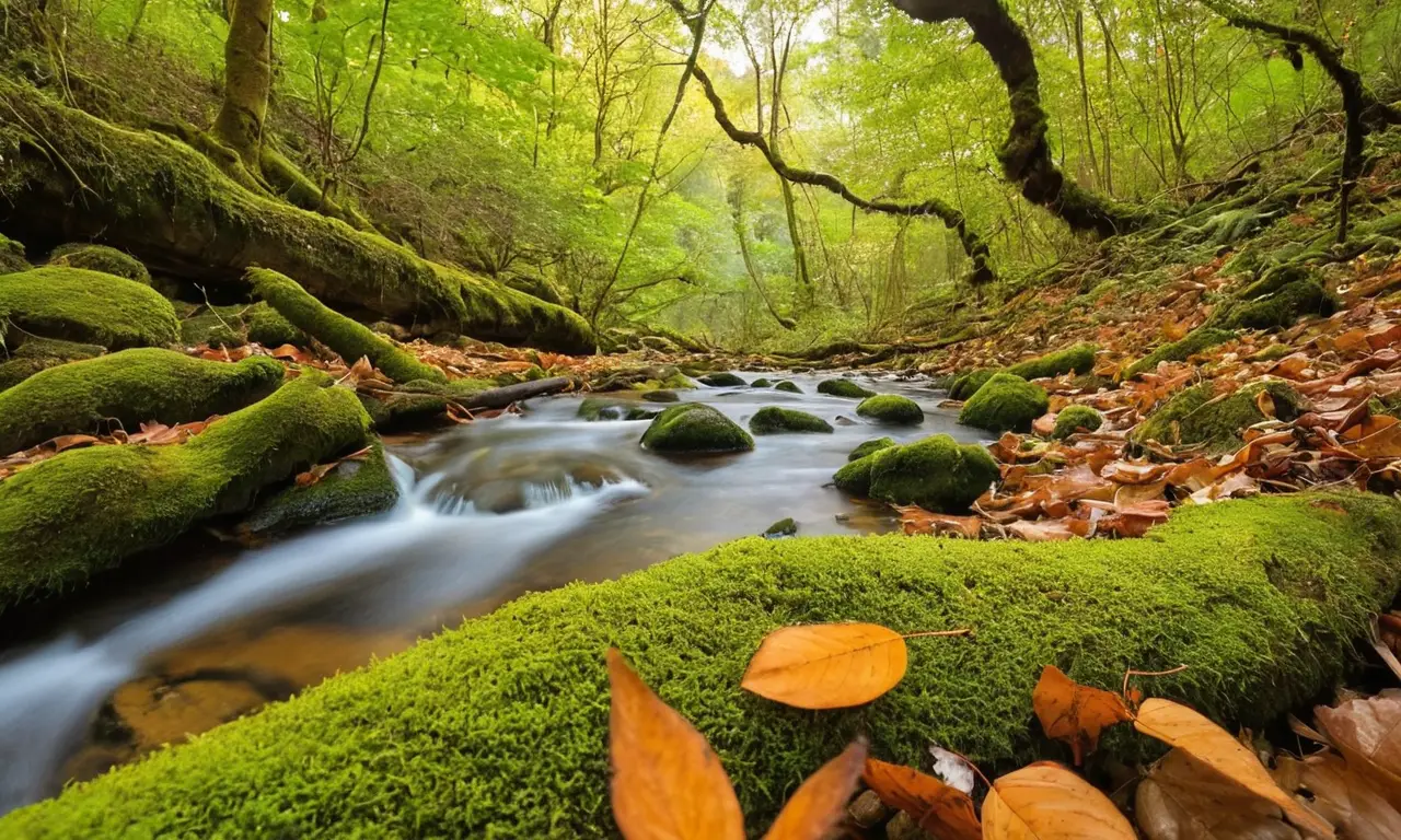 Bosque vibrante con luz, flora y fauna