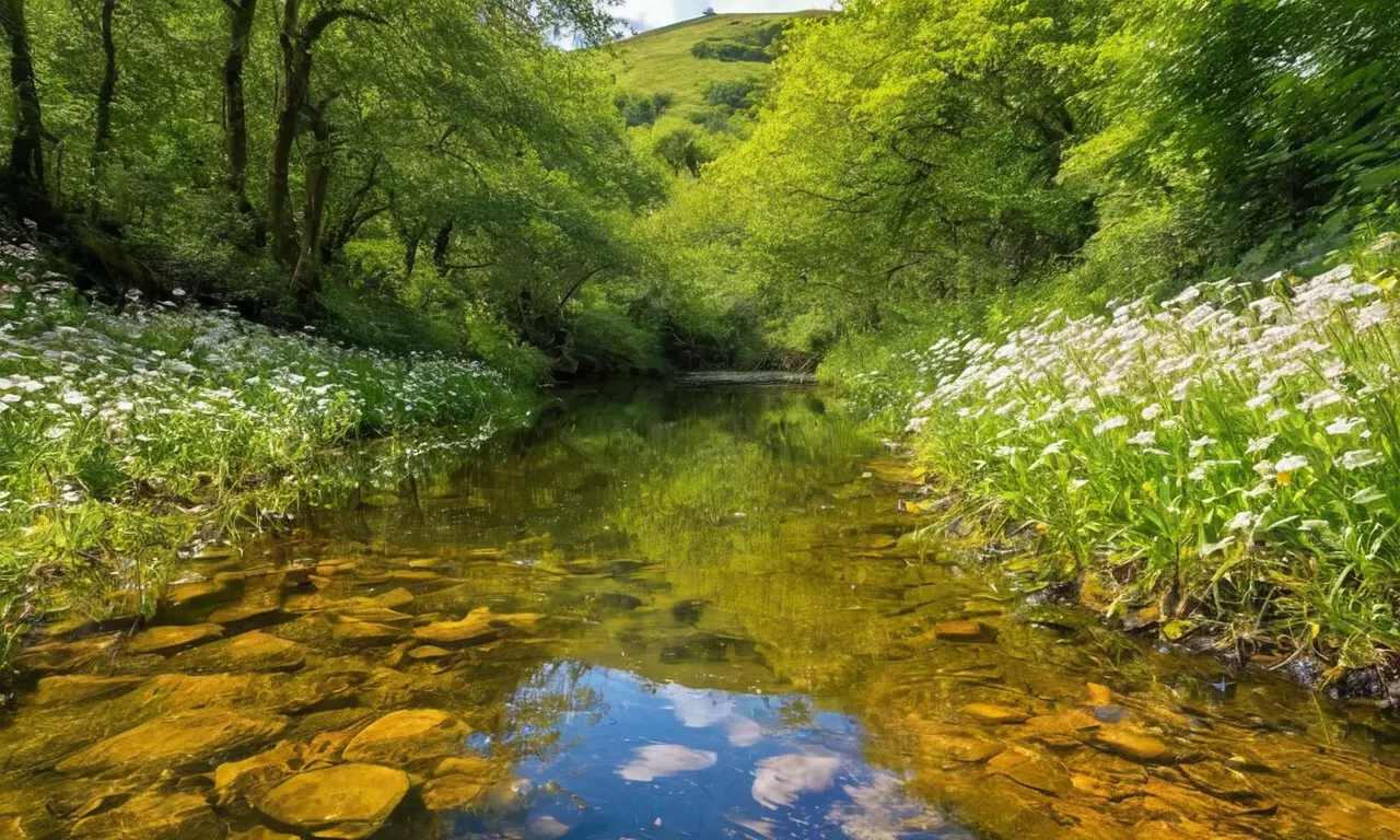 Río hermoso con agua brillante y vida