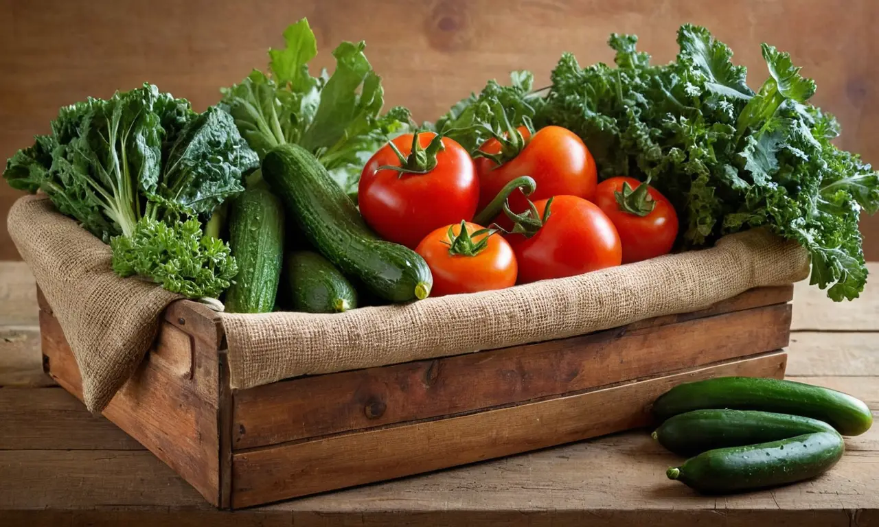 Verduras frescas y coloridas en mesa rústica