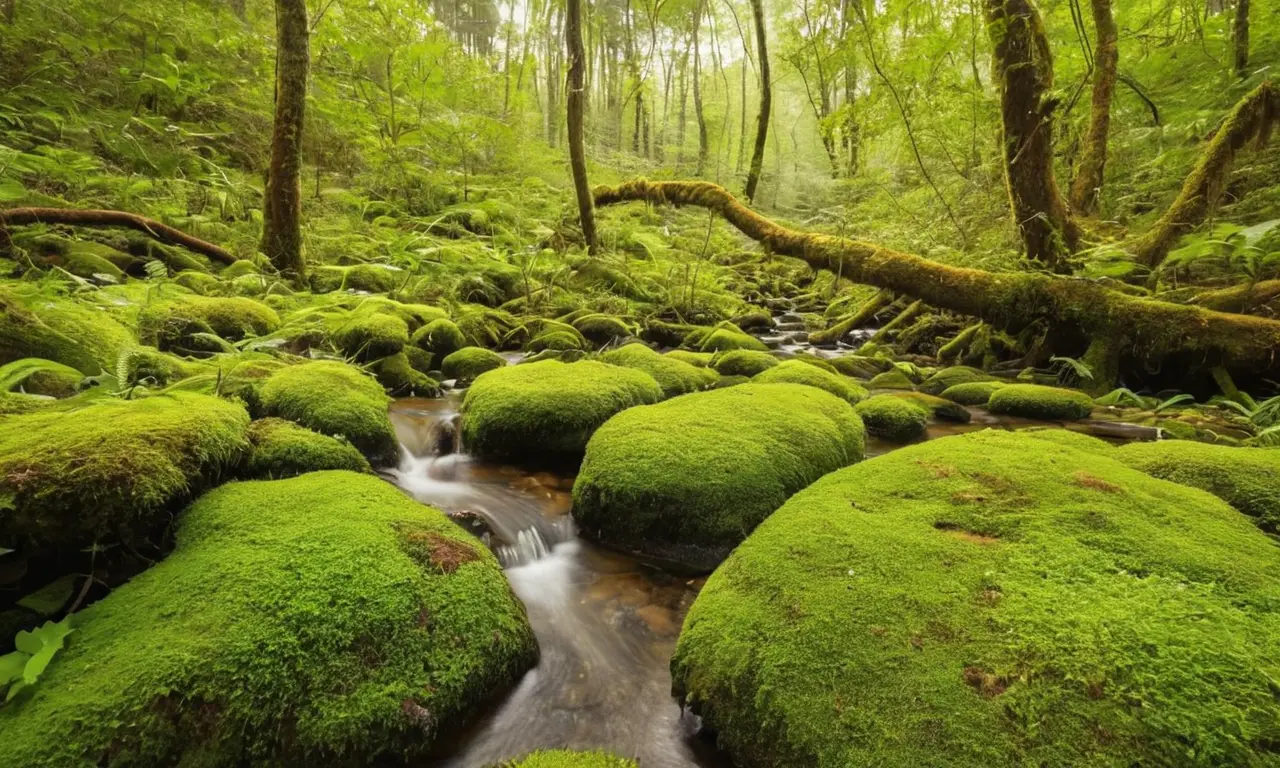 Bosque sereno con luz, agua y vida
