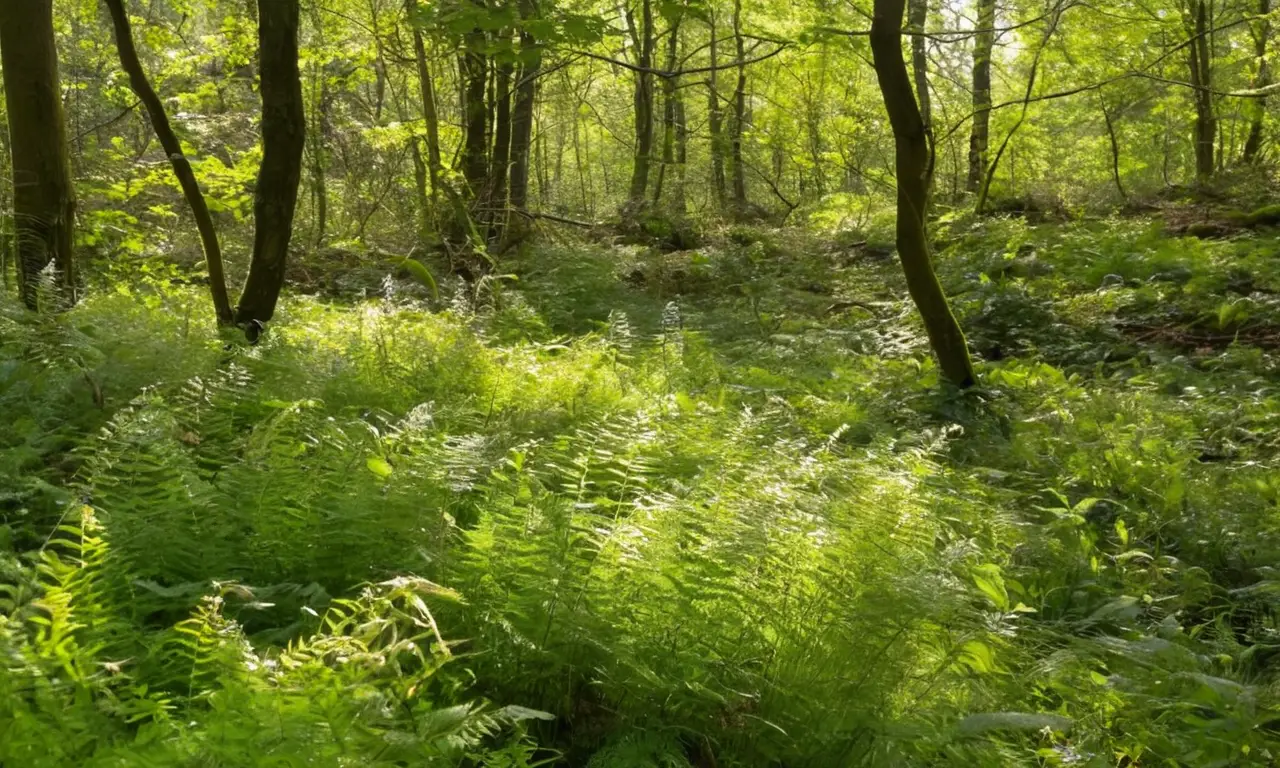 Bosque vibrante con luz, sombras y vida