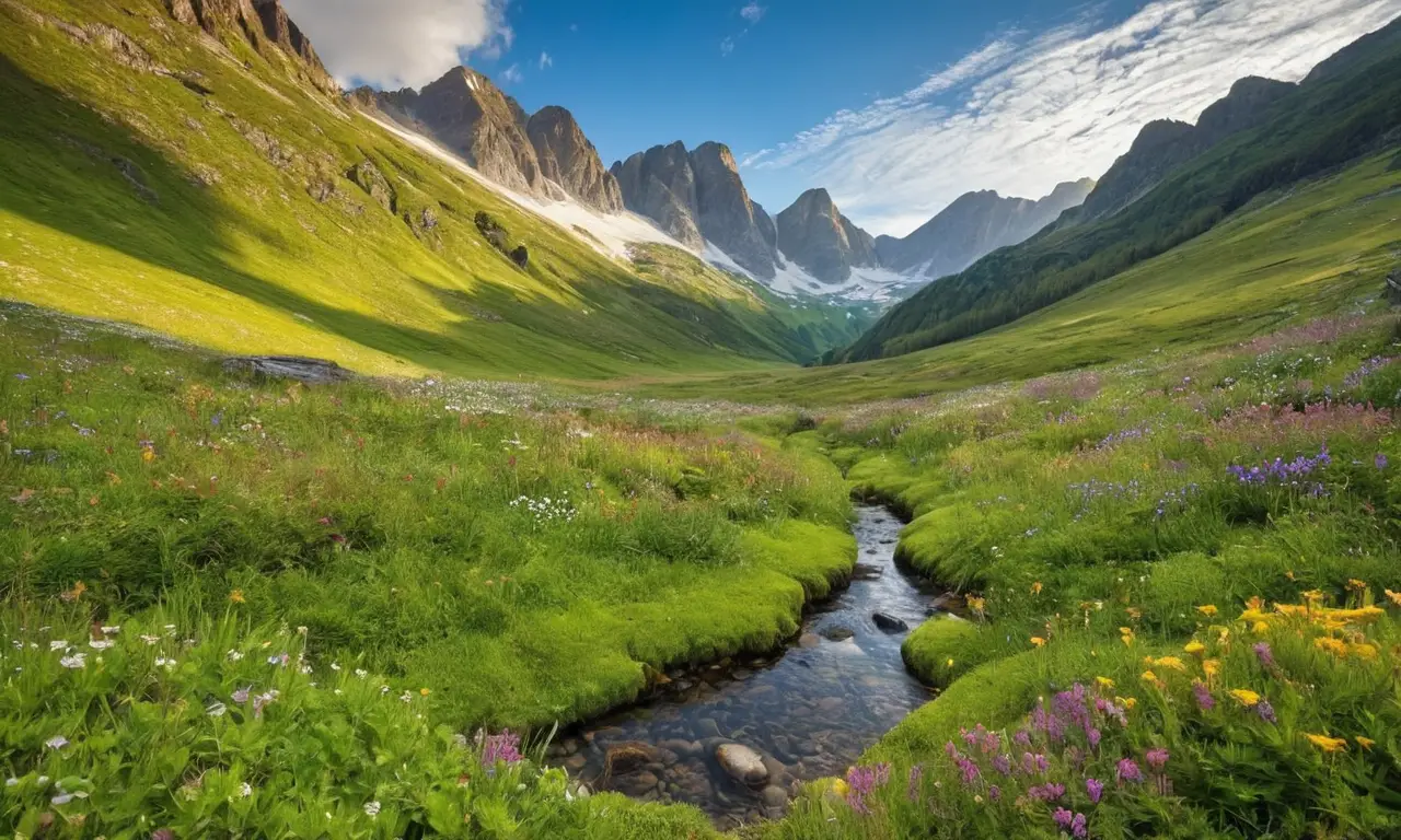 Montañas nevadas con valles verdes y vida