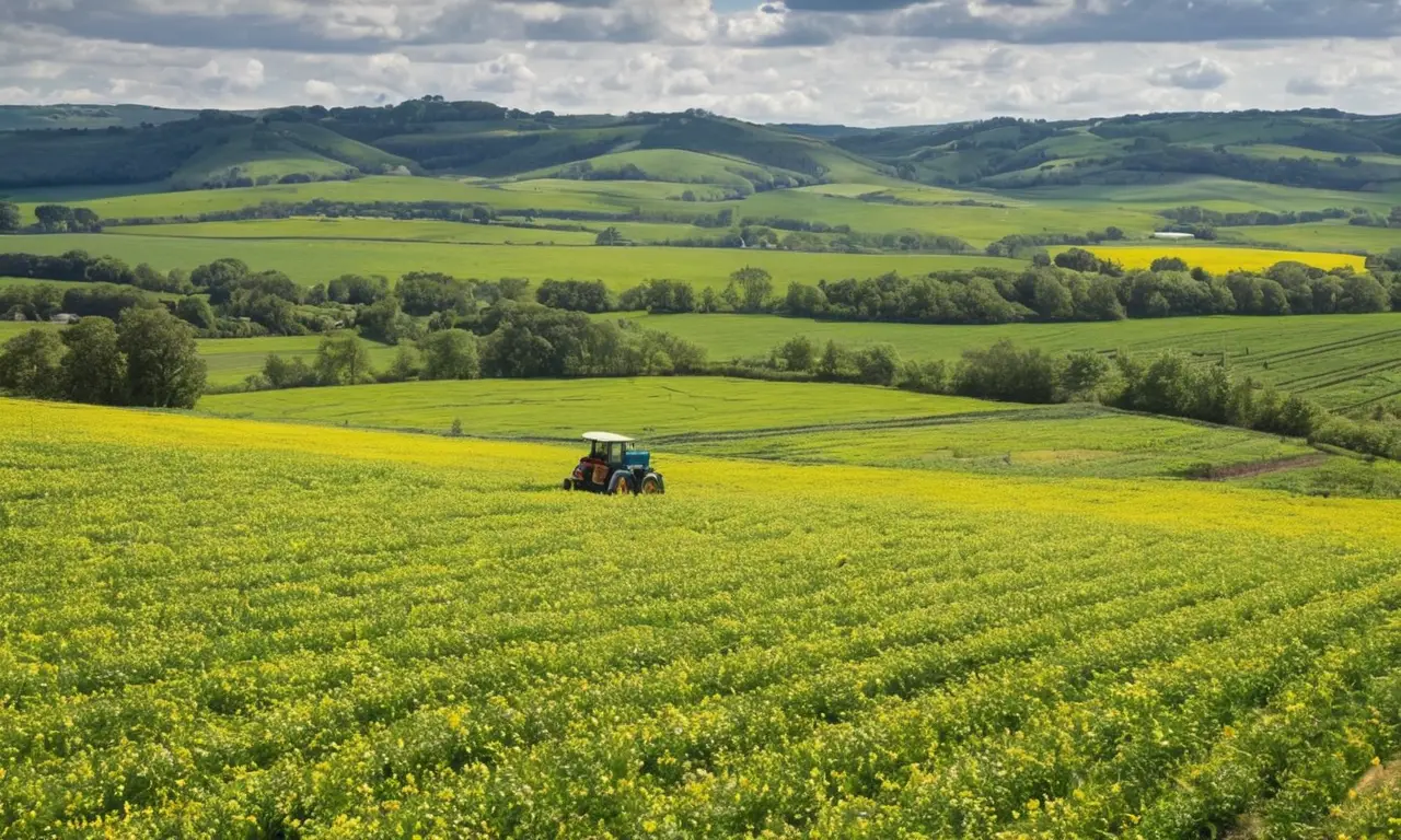 Campos verdes y productivos bajo un cielo azul