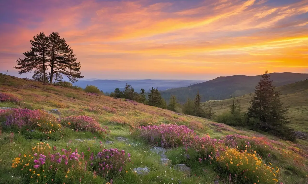 Atardecer sereno con naturaleza vibrante y armoniosa