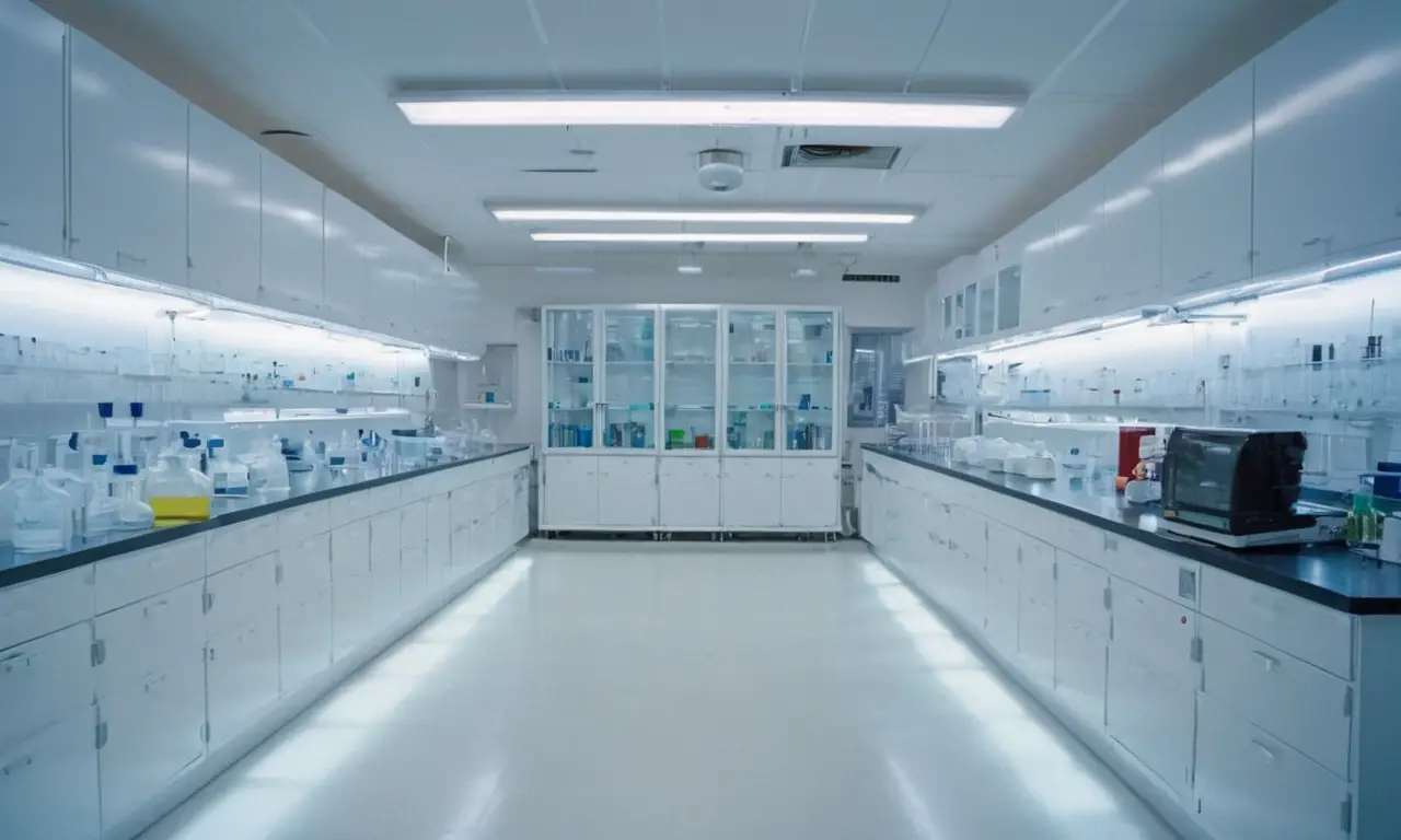 Laboratorio estéril y organizado con científicos concentrados