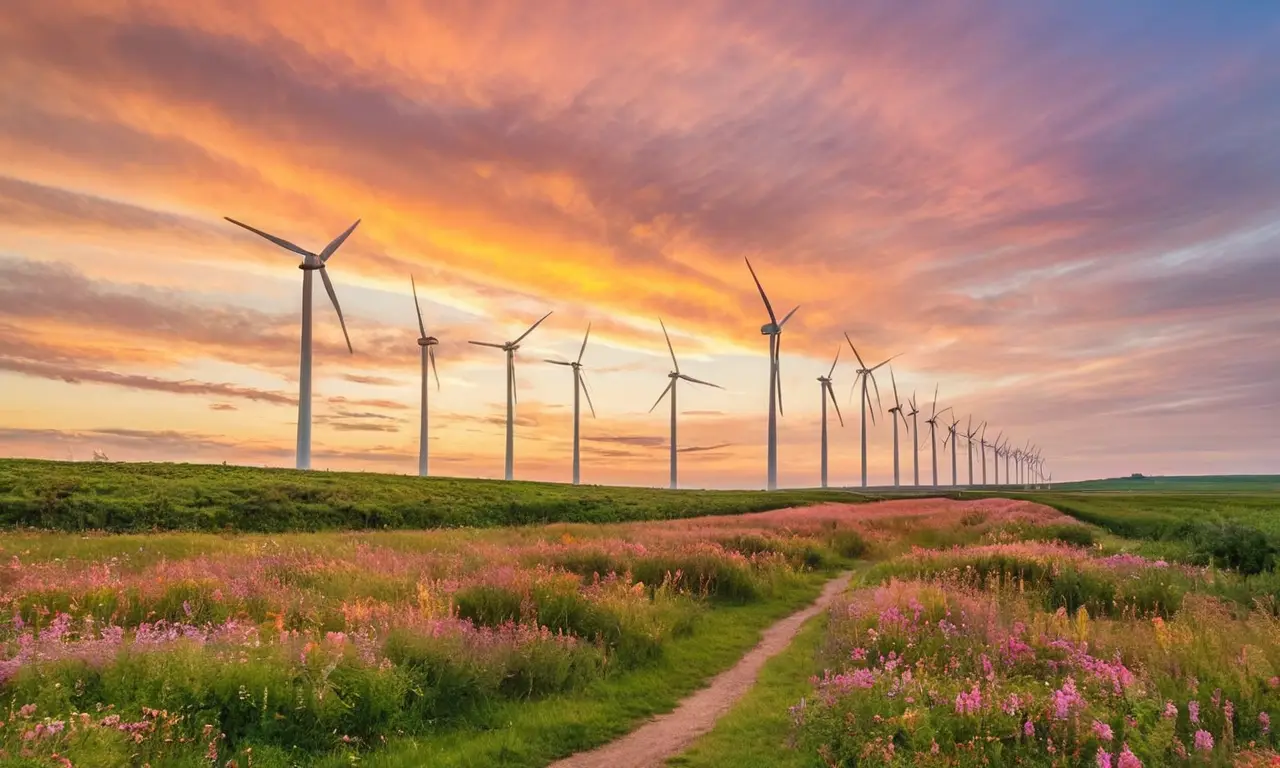 Fábrica eólica moderna al atardecer