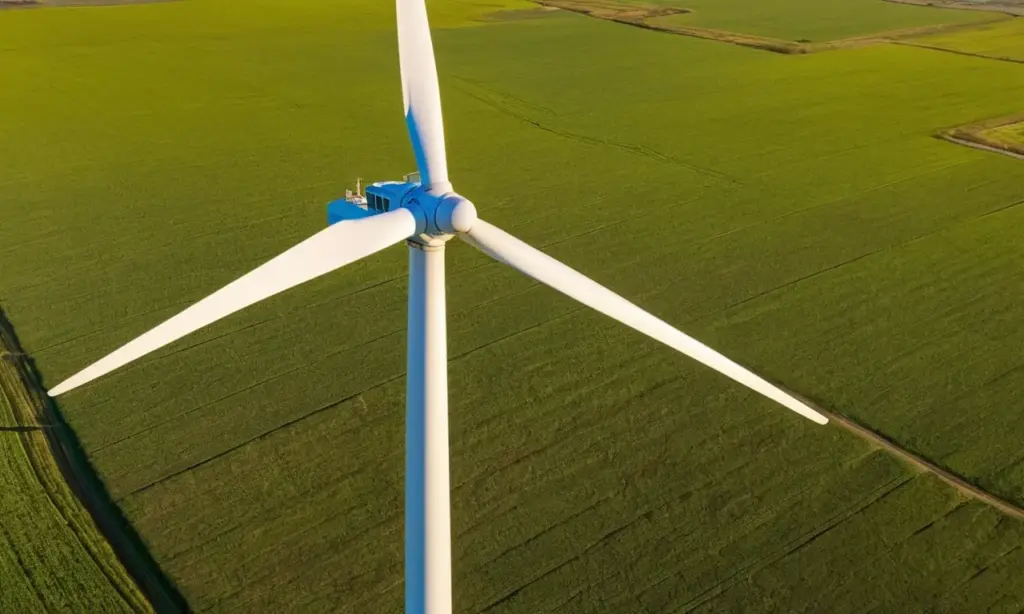 Gran turbina eólica brillante bajo cielo azul