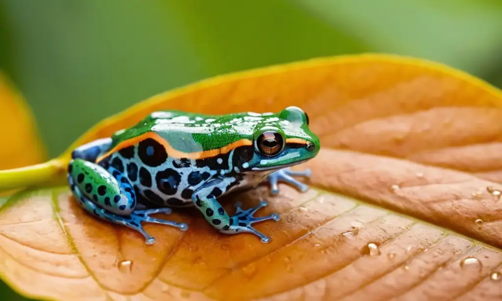 Rana venenosa en hoja verde con caracol