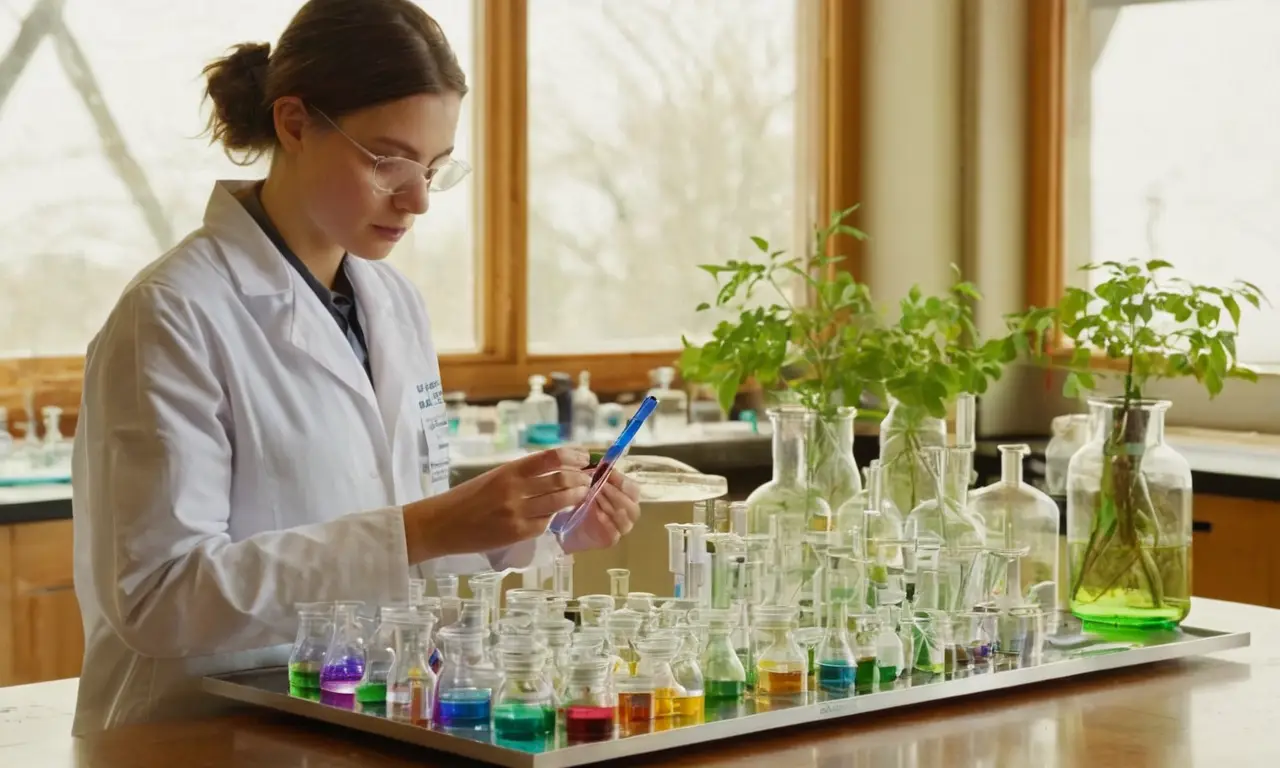 Laboratorio vibrante con investigador y coloridos líquidos