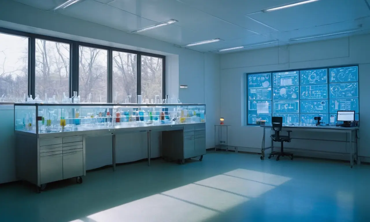 Laboratorio ordenado y luminoso con investigadores concentrados