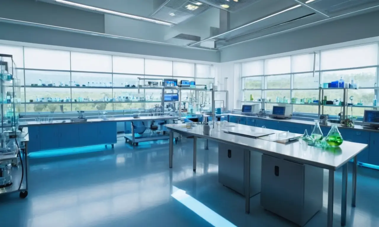 Laboratorio iluminado con maquinaria y científicos