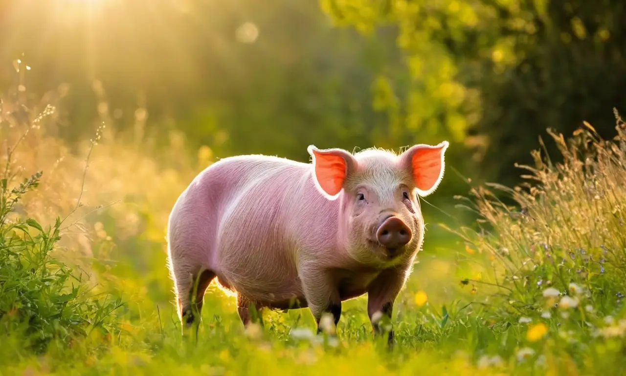 Un cerdo feliz pastando en un prado