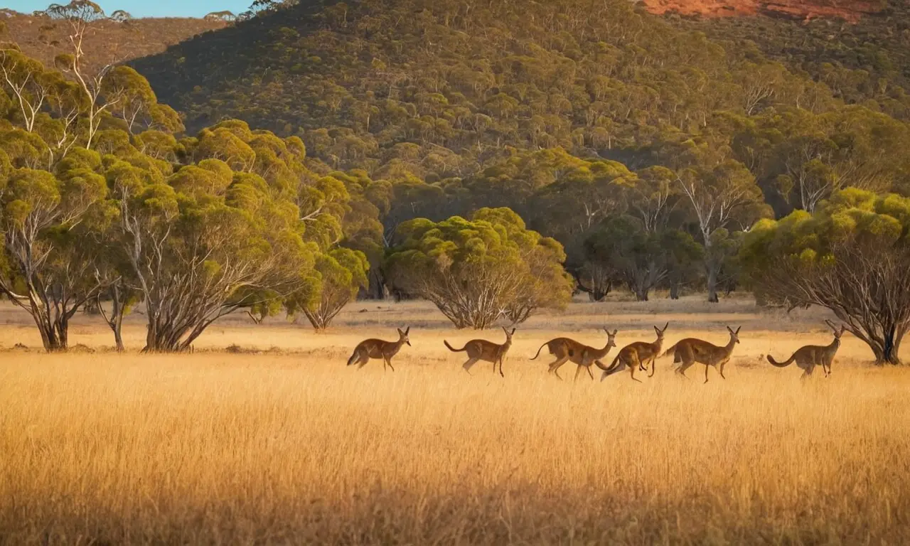 Paisaje australiano sereno con canguros alertas