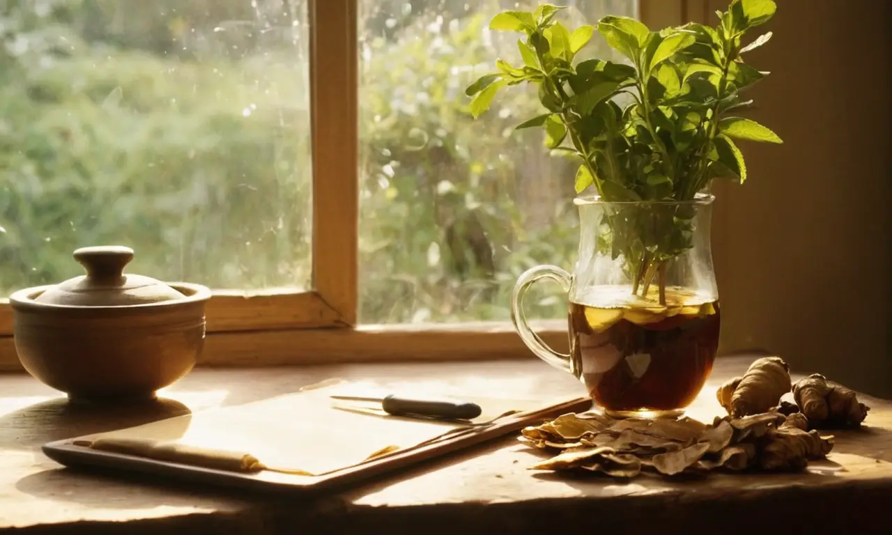 Mesa cálida con té, jengibre y notas