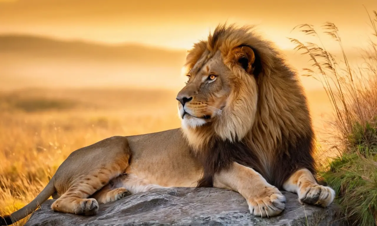 León majestuoso reposa en un paisaje sereno