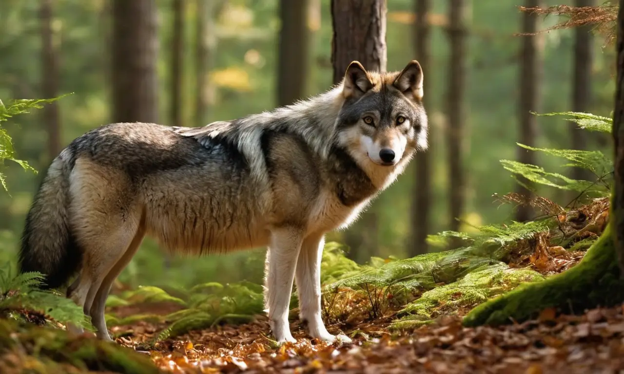 Un lobo gris emerge en un bosque iluminado