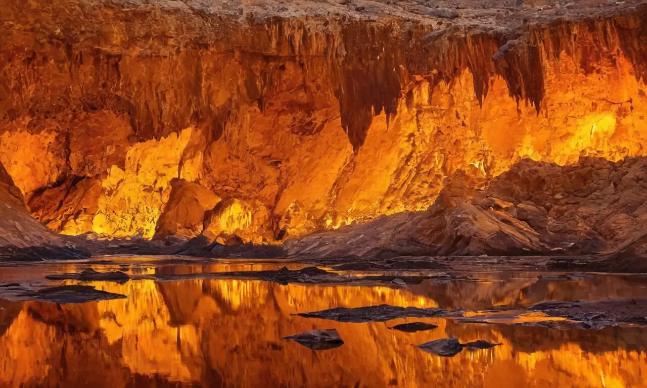 Cueva subterránea con magma y formaciones cristalinas