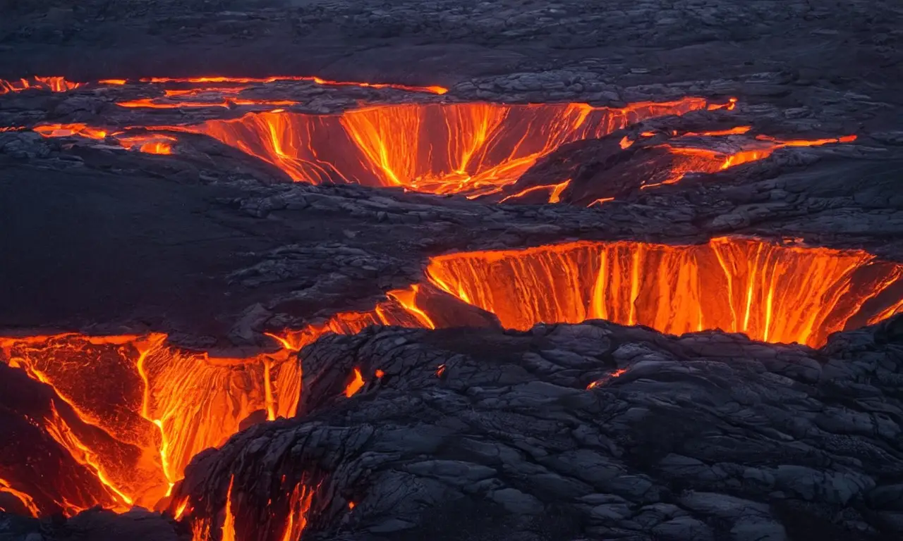 Lava brillante fluye en paisaje volcánico