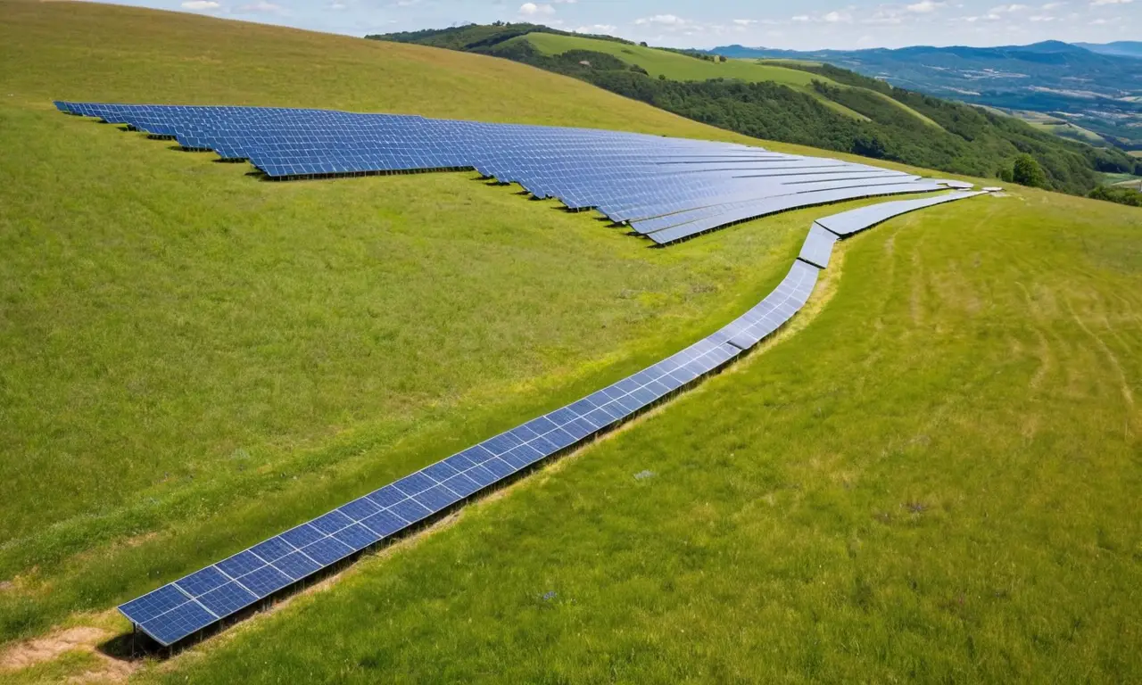 Gran granja solar brilla bajo un cielo azul