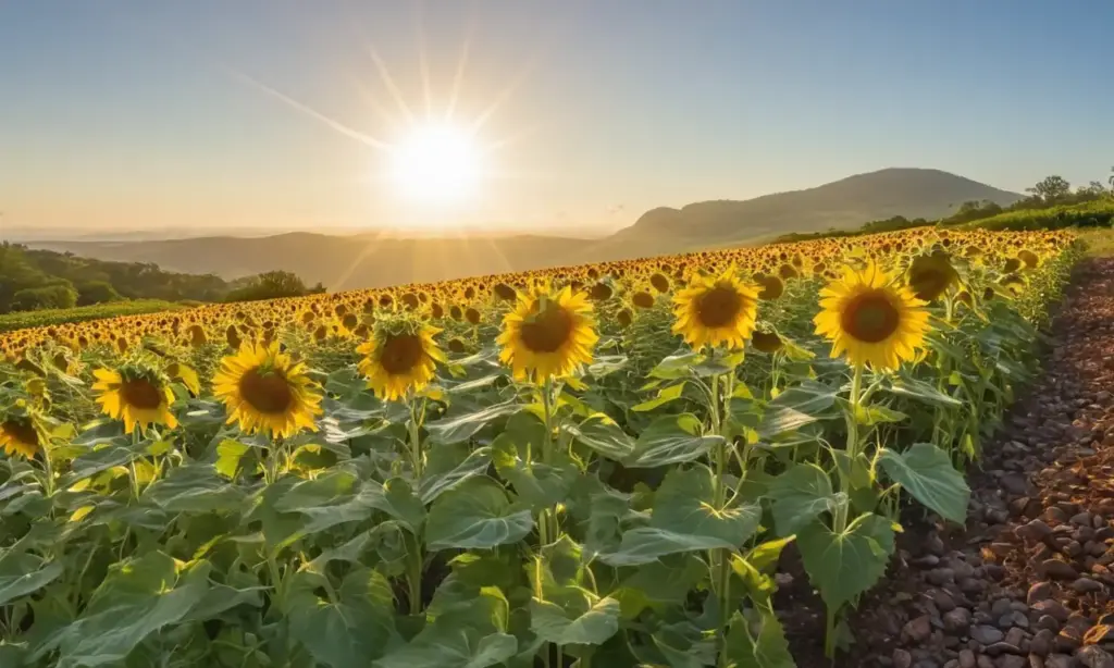Paisaje soleado con paneles solares y flores