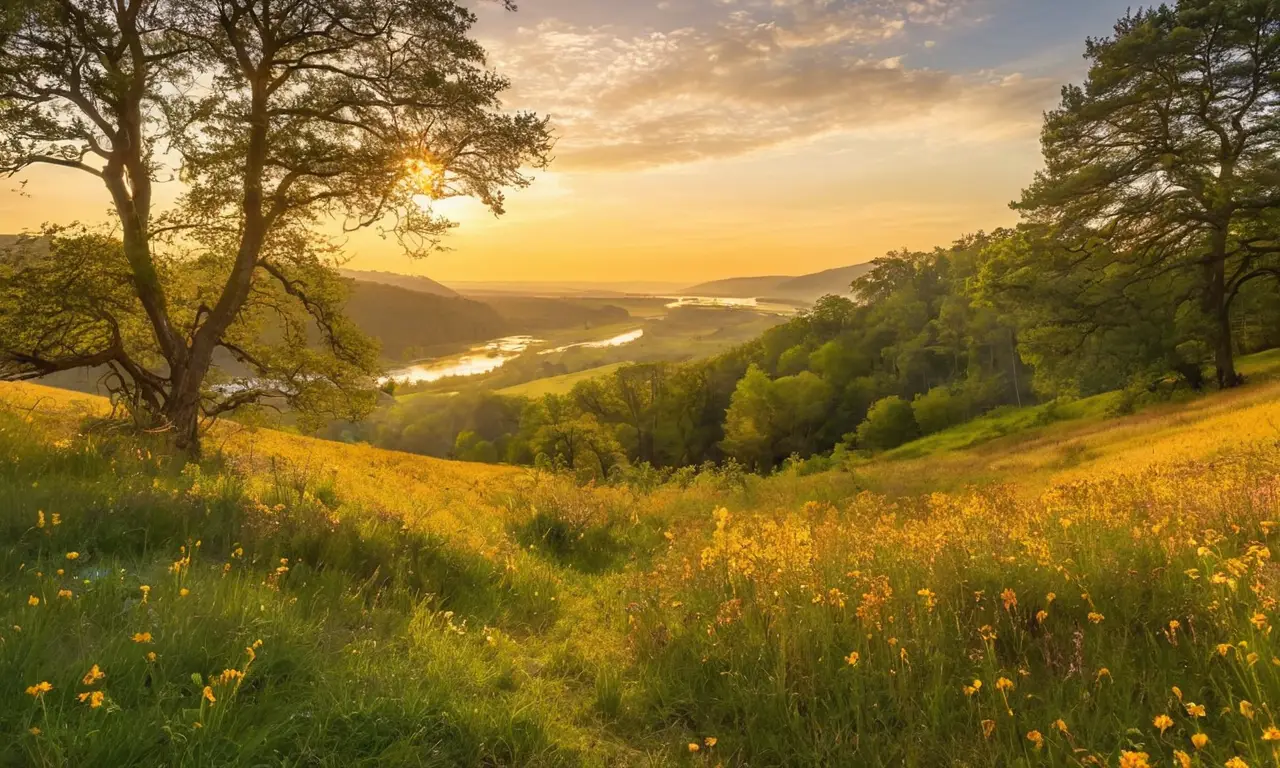 Un paisaje sereno al amanecer con colores