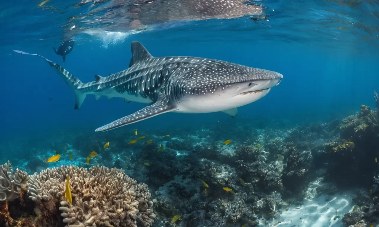 Tiburón ballena nadando en aguas cristalinas