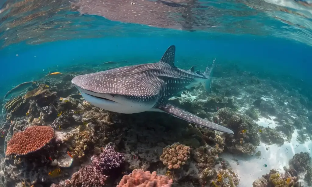 Tiburón ballena nadando en un ecosistema amenazado