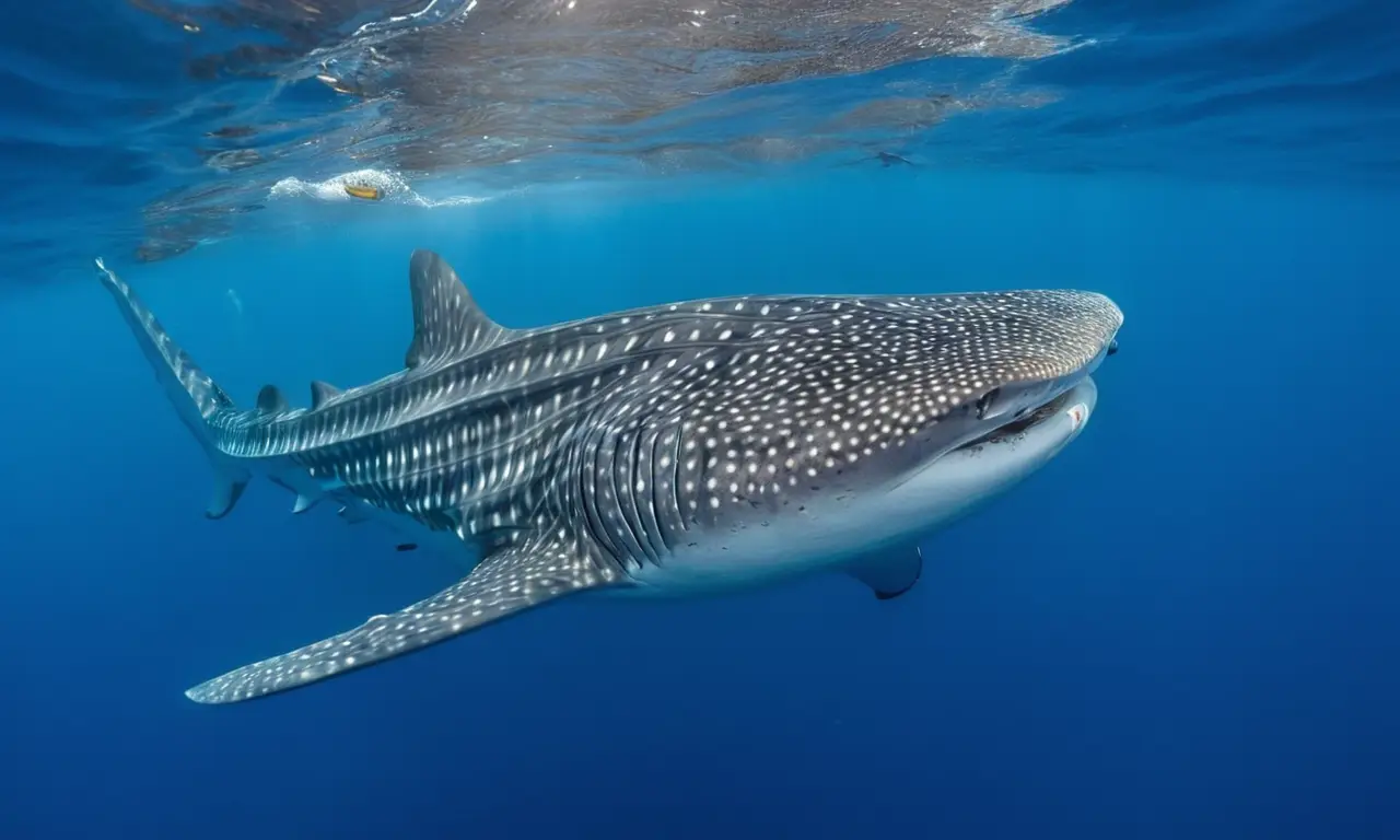 Tiburón ballena navega en un hábitat vibrante